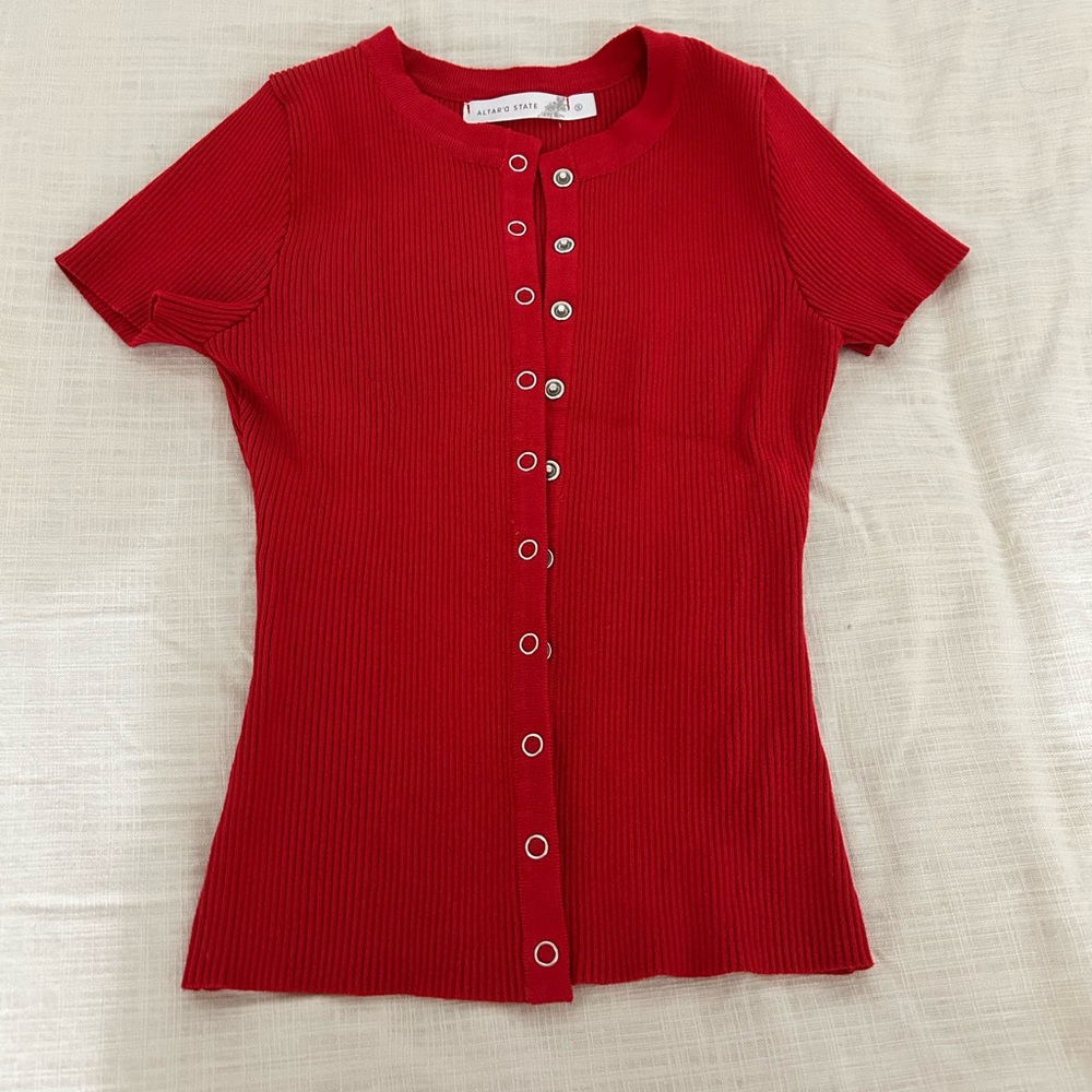 Red Ribbed Button-Down Shirt